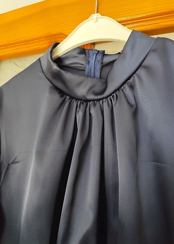 Uzun Lacivert Kadın Elbise, Drapeli, Yüksek Yakalı - Görsel 5