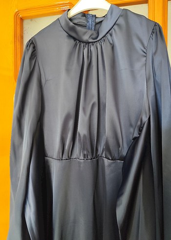 Uzun Lacivert Kadın Elbise, Drapeli, Yüksek Yakalı - Görsel 2