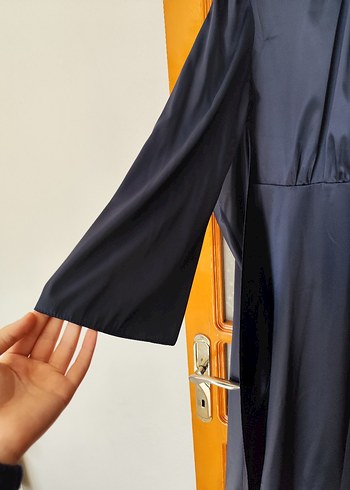 Uzun Lacivert Kadın Elbise, Drapeli, Yüksek Yakalı - Görsel 4