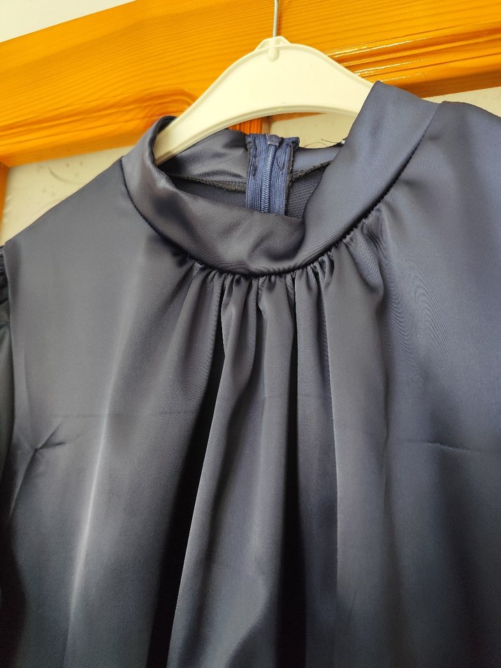 Uzun Lacivert Kadın Elbise, Drapeli, Yüksek Yakalı - Görsel 5