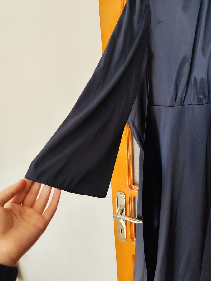 Uzun Lacivert Kadın Elbise, Drapeli, Yüksek Yakalı - Görsel 4