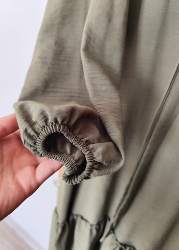 Kadın Haki Uzun Keten Elbise - Görsel 3