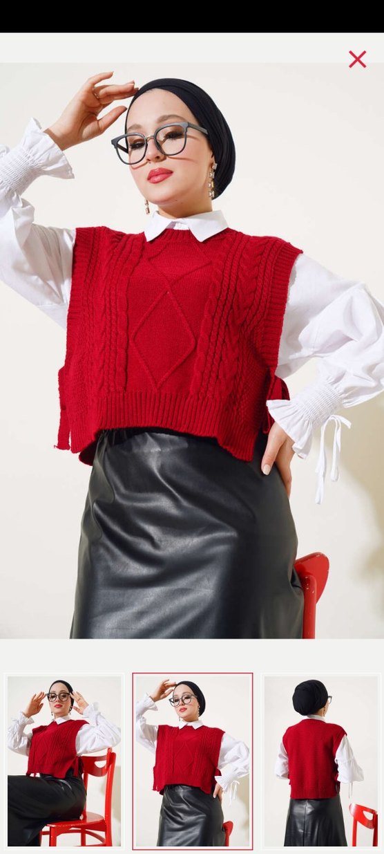 Kırmızı Örgü Kadın Süveter - Görsel 3