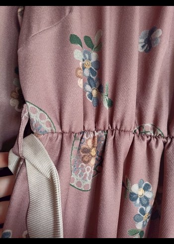 Bohem Uzun Kollu Çiçekli Bej Elbise - Görsel 2