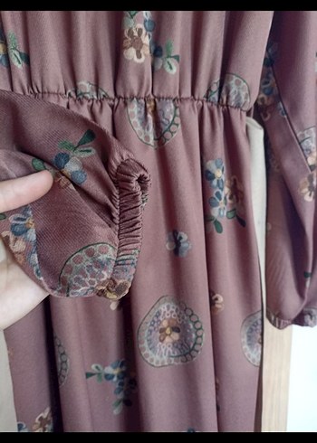 Bohem Uzun Kollu Çiçekli Bej Elbise - Görsel 3