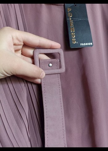 Kadın şifon Kemerli Piliseli Uzun Elbise - Görsel 8