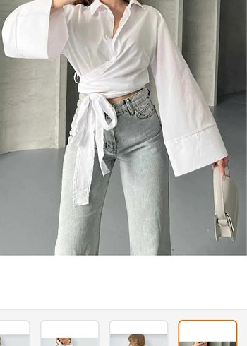 Beyaz V Yaka Kuşaklı Mini Gömlek - Görsel 2