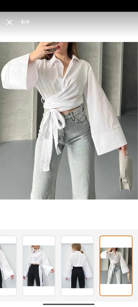 Beyaz V Yaka Kuşaklı Mini Gömlek - Görsel 2