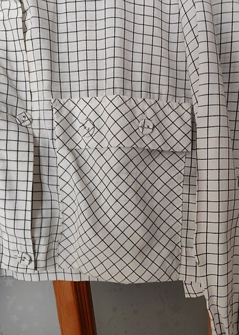 Ekoseli Düğmeli Kadın Keten Gömlek - Görsel 4