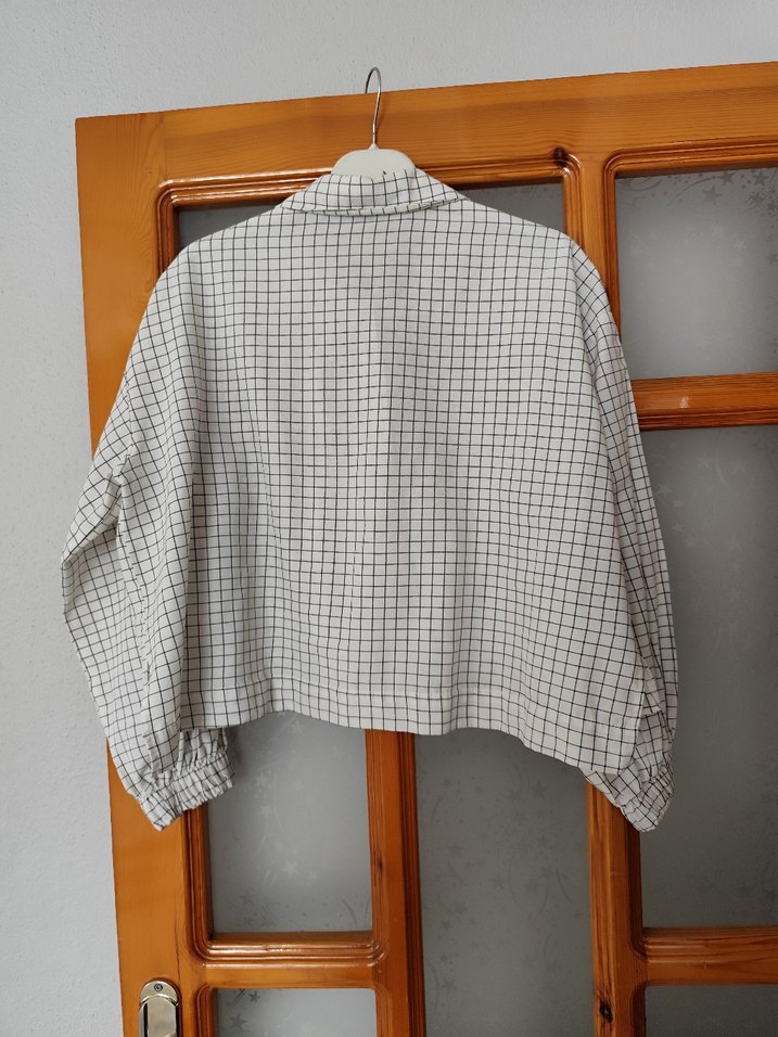 Ekoseli Düğmeli Kadın Keten Gömlek - Görsel 5