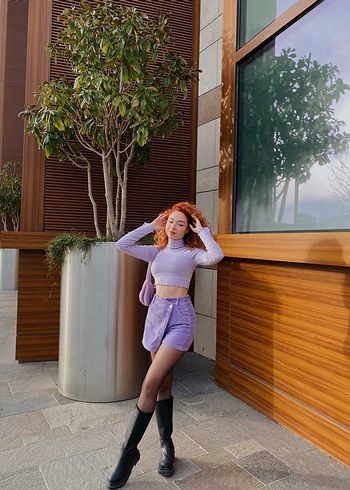 Lila kadife Düğmeli  Şort etek - Görsel 3