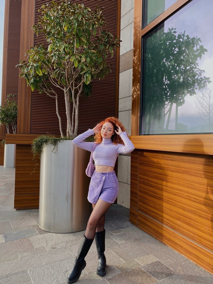 Lila kadife Düğmeli  Şort etek - Görsel 3