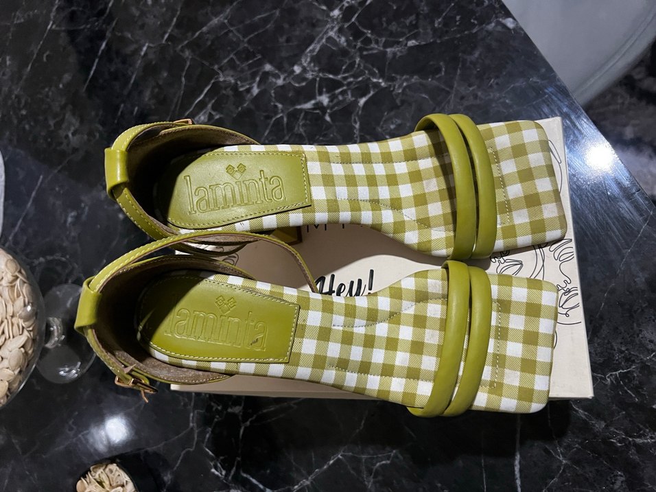 Yeşil Kareli Tokalı Blok Topuklu Kadın Sandalet - Görsel 2