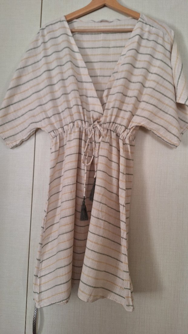 Bej Çizgili Keten , bikini, mayo üzeri elbise, kaftan. m/l beden - Görsel 2