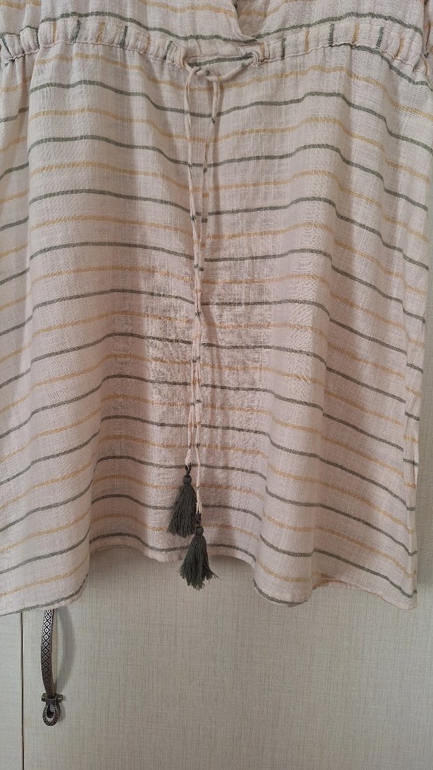 Bej Çizgili Keten , bikini, mayo üzeri elbise, kaftan. m/l beden - Görsel 3