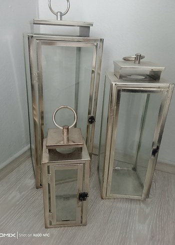 Bej Gri Camlı Metal Mumluk Seti