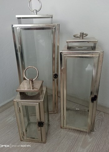 English Home Bej Gri Camlı Metal Mumluk Seti