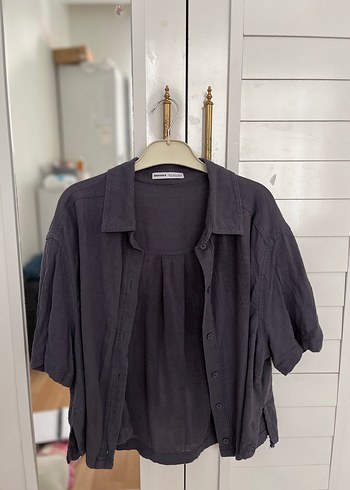 Bershka Gri Keten Düğmeli Kadın Gömlek