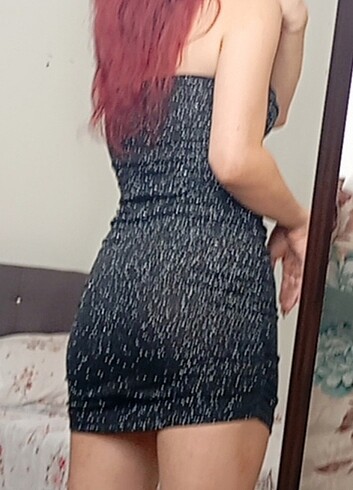 m Beden Siyah simli straplez mini elbise 