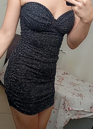 m Beden siyah Renk Siyah simli straplez mini elbise 