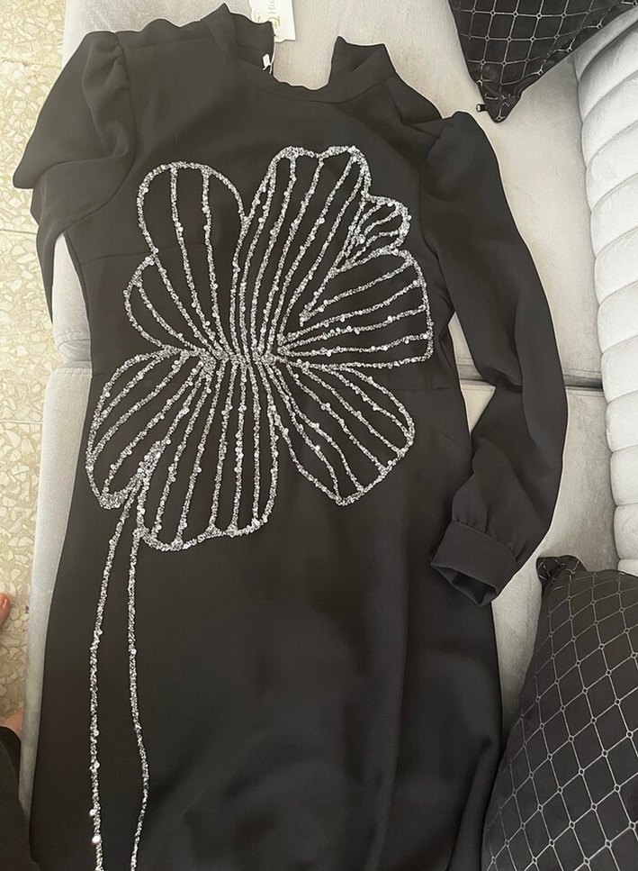 Boncuk İşlemeli Siyah Uzun Kollu Gece Elbisesi - Görsel 4