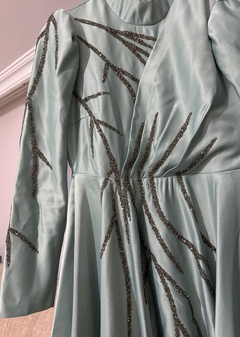 Nakışlı Uzun Turkuaz Abiye Elbise - Görsel 4