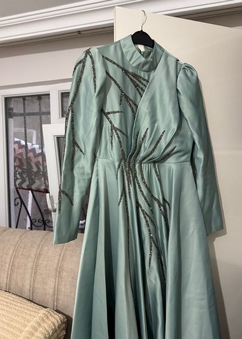 Nakışlı Uzun Turkuaz Abiye Elbise - Görsel 5