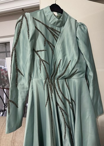 Nakışlı Uzun Turkuaz Abiye Elbise - Görsel 2