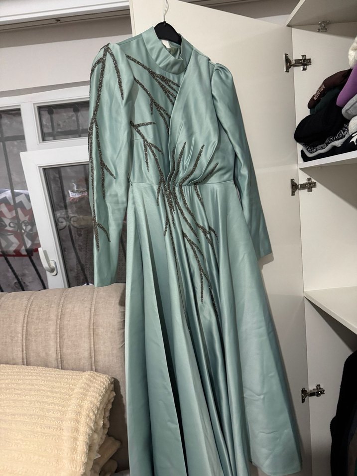 Nakışlı Uzun Turkuaz Abiye Elbise - Görsel 3