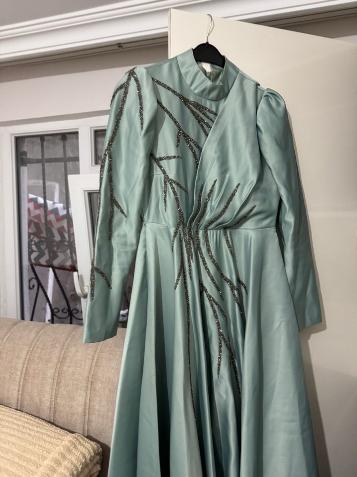 Nakışlı Uzun Turkuaz Abiye Elbise - Görsel 5