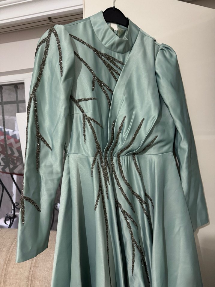 Nakışlı Uzun Turkuaz Abiye Elbise - Görsel 2