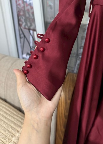 Bordo Uzun Kollu Tesettür Abiye Elbise - Görsel 6