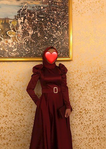 Bordo Uzun Kollu Tesettür Abiye Elbise - Görsel 2