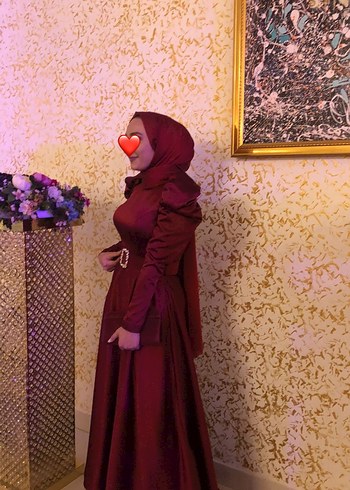 Bordo Uzun Kollu Tesettür Abiye Elbise - Görsel 3