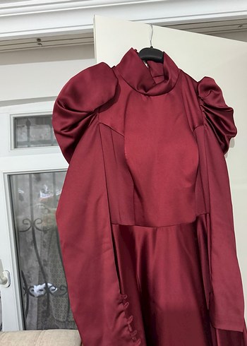 Bordo Uzun Kollu Tesettür Abiye Elbise - Görsel 7