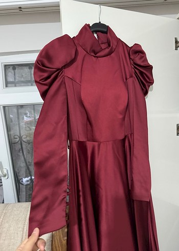 Bordo Uzun Kollu Tesettür Abiye Elbise - Görsel 4