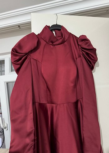 Bordo Uzun Kollu Tesettür Abiye Elbise - Görsel 8