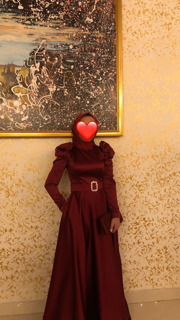 Bordo Uzun Kollu Tesettür Abiye Elbise - Görsel 2