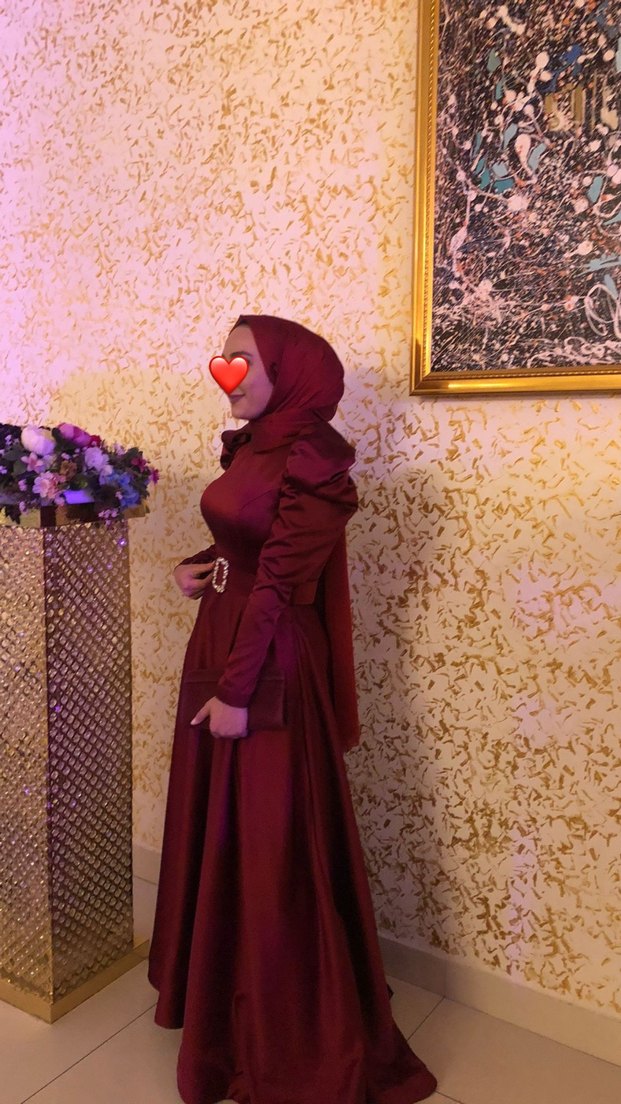 Bordo Uzun Kollu Tesettür Abiye Elbise - Görsel 3