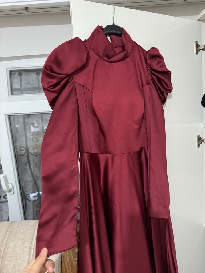 Bordo Uzun Kollu Tesettür Abiye Elbise - Görsel 4