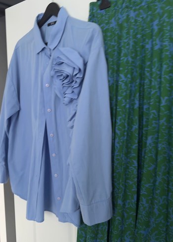 Uzun Kollu Düğmeli Mavi Keten Gömlek ve etek - Görsel 6