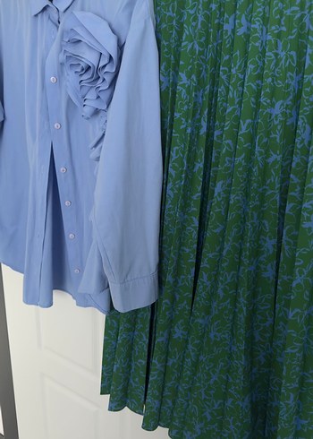 Uzun Kollu Düğmeli Mavi Keten Gömlek ve etek - Görsel 7