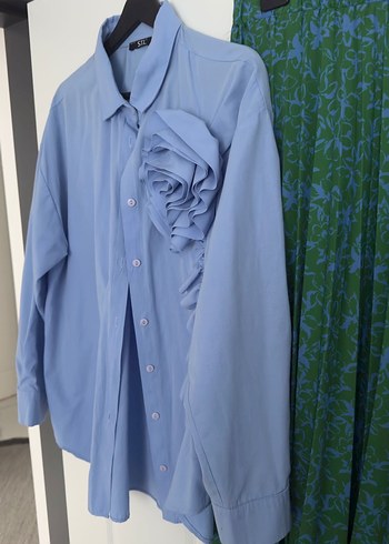 Uzun Kollu Düğmeli Mavi Keten Gömlek ve etek - Görsel 2