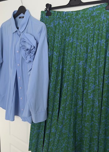 Uzun Kollu Düğmeli Mavi Keten Gömlek ve etek - Görsel 3