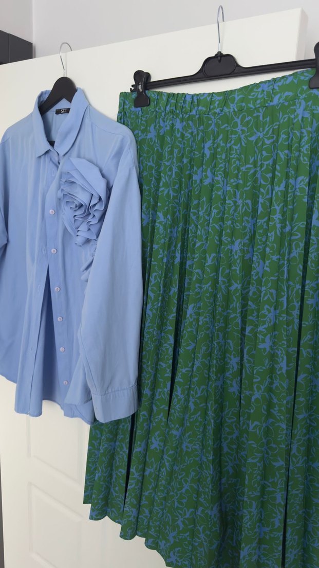 Uzun Kollu Düğmeli Mavi Keten Gömlek ve etek - Görsel 3