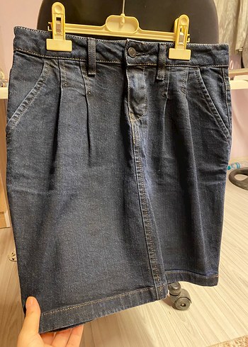 Massimo Dutti Lacivert Pilili Kadın Midi Denim Etek