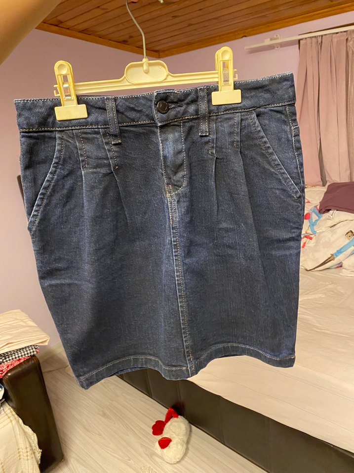 Lacivert Pilili Kadın Midi Denim Etek - Görsel 5