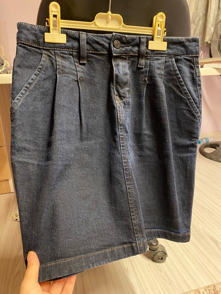 Lacivert Pilili Kadın Midi Denim Etek - Görsel 2