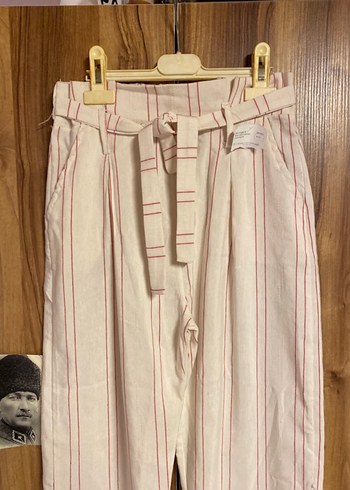 Kadın Bej Çizgili Kemerli Keten Pantolon - Görsel 5