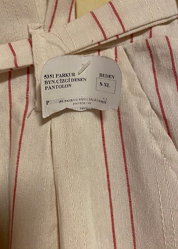 Kadın Bej Çizgili Kemerli Keten Pantolon - Görsel 6